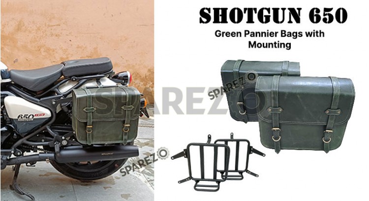 Fit For Royal Enfield Shotgun 650 Dark Green Leather Pannier Bags with Mounting   - SPAREZO